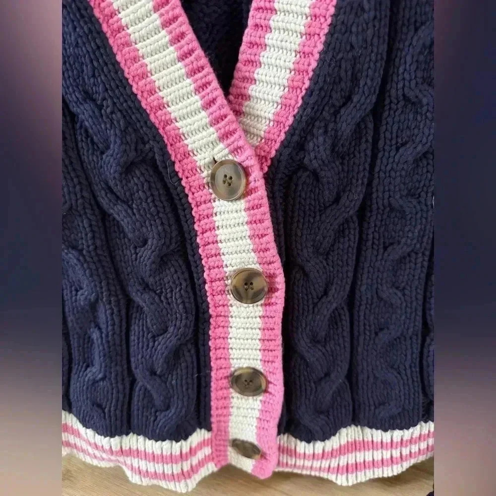 NWT • Anthropologie Maeve Varsity Cable Knit Cardigan Sweater Navy/Pink Small - Picture 4 of 9